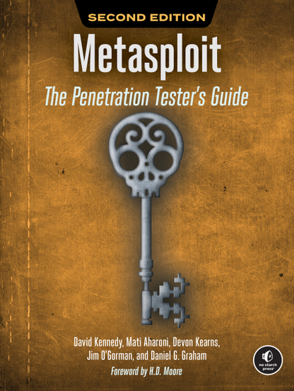 The cover for "Metasploit The Penetration Tester's Guide, 2nd Edition" by No Starch Press. It features a vintage-textured brown background, with a "skeleton key" in the center, with the authors' names below it. The No Starch Press logo appears in the bottom right-hand corner. 