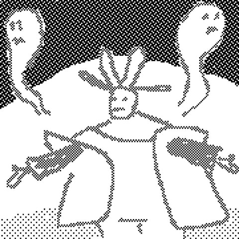 a pixelly black and white drawing of a star shaman posing with arms outstretched. with a spiky headdress and a complex, dimensional tunic, two phantasmic forms appear over each shoulder.