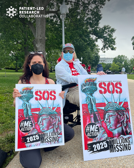 Gina who has long dark hair and wearing a black mask kneeling next to Michael who is wearing a blue mask, hat and sunglasses sitting in a wheel chair, both holding MEAction posters  depicting  an illustrated Statue of Liberty sinking to her crown in bright red liquid, holding the torch above an ocean of red next to the words " I am one of the Millions Missing. Save our Support Systems". S.O.S is boldly shown in red above her head.