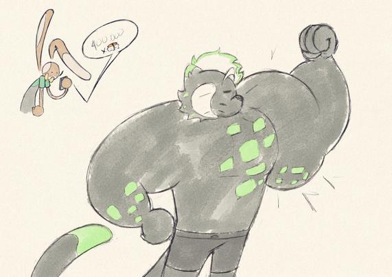a muscular panther with green spots wearing black shorts flexing his bicep and looking proud while a brown rabbit with cream spots, green shirt, gray overalls, and yellow bowtie is looking at his phone blankly because his credit card got charged with 400,000 orders of sushi