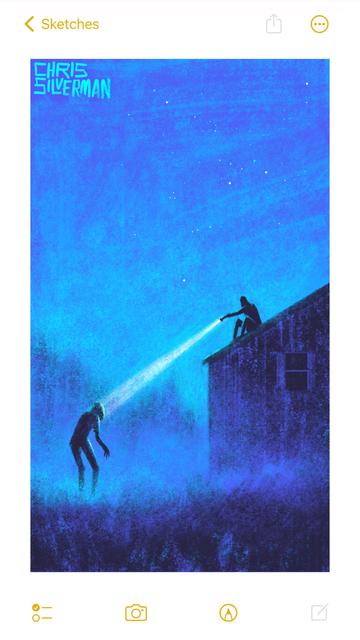 A person sits on the roof of a house at night. The sky is very clear and filled with stars. The house is in a large meadow, with the blurry suggestion of trees in the background. It has a window, but it's dark. The person is pointing a flashlight down towards the ground, squarely at the head of a large, unsettling figure lurching towards the house. The figure on the ground is hunched over, with unusually long arms; its posture suggests that it shuffles like a zombie. Low fog covers the ground. This is a predominantly blue painting with tinges of purple. It is signed "Chris Silverman".