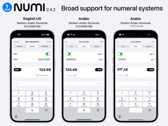 Example screenshots from the Numi app with the Add Transaction screen with Western and Eastern Arabic Numerals working based on users’ iOS locale settings.