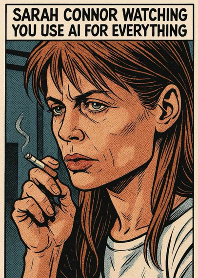 meme with comic book style artwork of sarah connor from terminator 2 movie smoking a cigarrette with a worried look
caption:  SARAH CONNOR WATCHING YOU USE AI FOR EVERYTHING