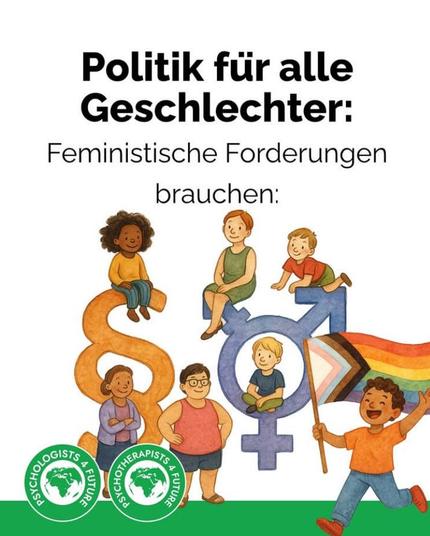 Eine Zeichnung mit 7 Menschen unterschiedlicher Geschlechter und Kulturen,  die auf riesigen Symbolen für Paragraphen und für LGBTQIA herumturnen.