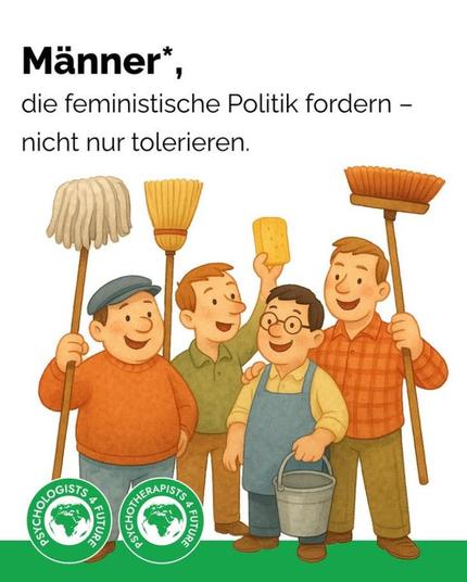 4 fröhliche Männer mit Besen.