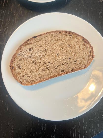 A slice of rye-wheat bread. Fine, evenly distributed bubbles. Nice, even crust. Perfect bread shape. 