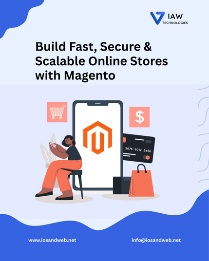 Image with written text "Build Fast, Secure & Scalable Online Stores with Magento" in order to promote magento website development services
