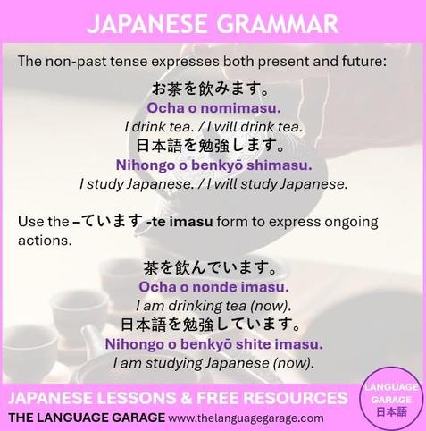 Grammar note about the meaning of the Japanese non-past tense, image of a person pouring tea