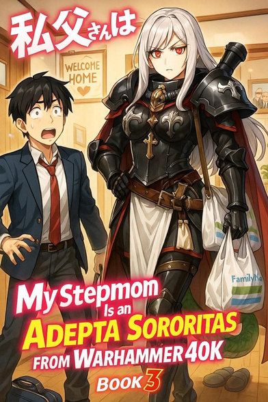 Parodic manga cover, showing a young man in a business suit, looking surprised, in front of a Battle Sister in power armor returning home with a determined look on her face, holding a shopping bag from the local supermarket.

With the title: My stepmom is an Adepta Sororitas from Warhammer 4OK
Book 3