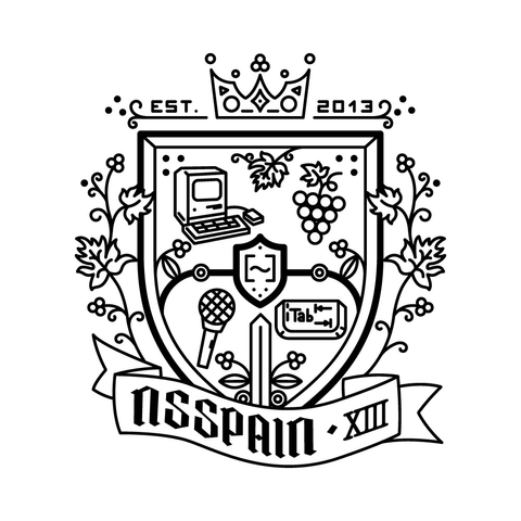 Black and white crest-style emblem for NSSpain XIII, established in 2013. The crest features decorative vines and grapes, an old Macintosh computer, a bunch of grapes, a microphone, a sword, a ‘Tab’ key symbol, and a shield with a smiling face. A crown sits atop the crest, and a ribbon at the bottom reads ‘NSSPAIN XIII’ in stylized text.