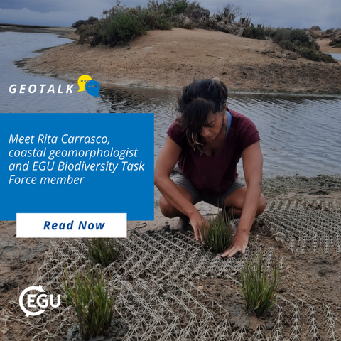 Image description: Photo of Rita Carrasco examining plants on a sandy area near water. Text reads: " Meet Rita Carrasco, coastal geomorphologist and EGU Biodiversity Task Force member. Read now".