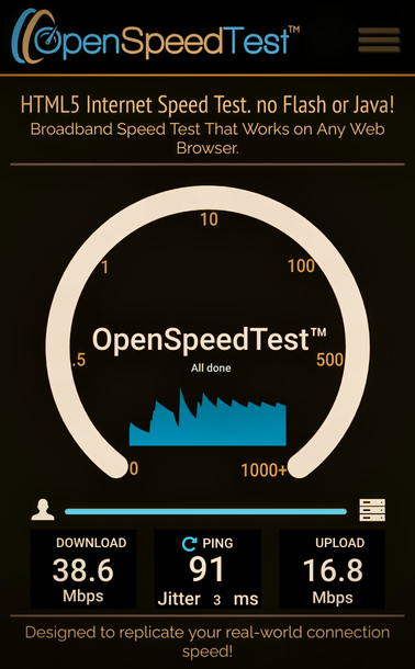  The image displays the results of an internet speed test conducted using OpenSpeedTest™. The top section of the image features the OpenSpeedTest™ logo and a headline that reads "HTML5 Internet Speed Test. no Flash or Java! Broadband Speed Test That Works on Any Web Browser." Below the headline, there is a circular gauge with a blue waveform, indicating the test's progress, and the text "All done" at the center. The gauge has a scale ranging from 0 to 1000+ Mbps.

The lower section of the image presents the test results, including download speed (38.6 Mbps), ping (91 ms), and upload speed (16.8 Mbps). The download speed is shown with a blue bar, and the upload speed is shown with a blue bar as well. The ping is displayed with a blue circular icon and the text "Jitter 3 ms." The background of the image is dark, with text and graphics in contrasting colors for clarity. At the bottom, there is a statement that reads, "Designed to replicate your real-world connection speed!"

 Ovis2-8B

🌱 Energy used: 0.267 Wh