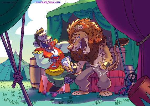 A picture of a Ringmaster gorilla and a big lion laughing and drinking together while sitting on and in the middle of Circus clutter. Art by @laBeteNwar@mastodon.art.