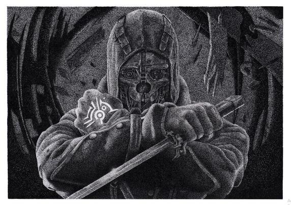 Black and white image of the lead character from the Dishonored video game, arms crossed, one hand holding a sword, the other in a fist with a glowing Outsider's mark.