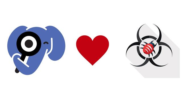 PHPStan logo and Infection logo with a hearth in the middle