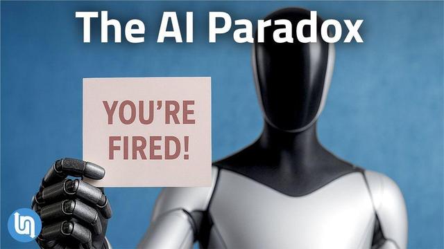 A robot holding a sign that says "You're Fired!"