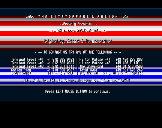 Screenshot of "Arnie" - Crack: The Bitstoppers (BST) & Fusion (FSN) - Published by Zeppelin on Commodore Amiga (1992)