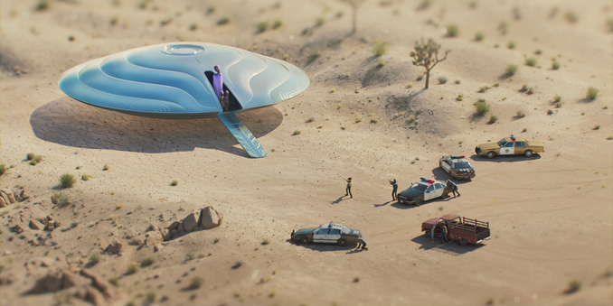 Cena do episódio Close Encounters of the Mini Kind, da série Love, Death & Robots. Em um deserto árido, um disco voador metálico, moderno e brilhante, pousou sobre o solo rachado. A nave tem uma rampa estendida, por onde três alienígenas pequenos e estilizados — um maior e dois menores — observam o ambiente. Em frente à nave, há viaturas da polícia e uma caminhonete, com oficiais armados apontando para os visitantes. A cena tem aparência de maquete em miniatura, com profundidade de campo curta e visual de stop-motion digital.