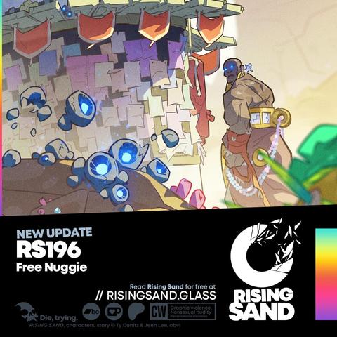 A promotional image for RS196, wherein Qeb watches something kick up dust in the foreground