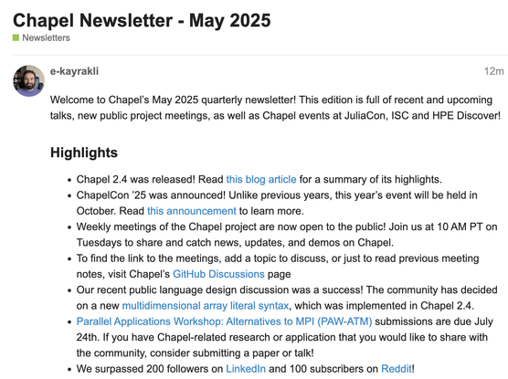 Screenshot of the linked newsletter web page