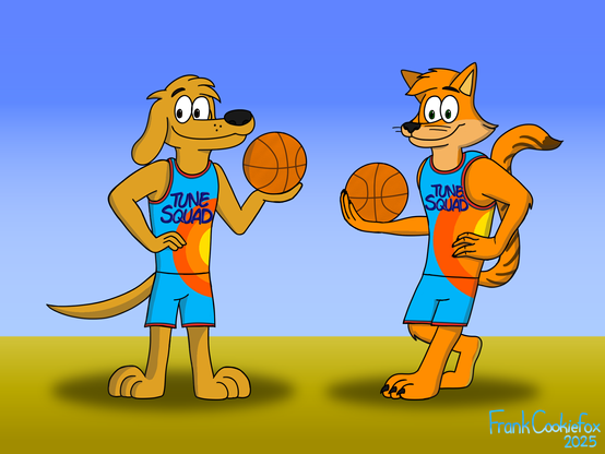 Pat the Dog (left) is an anthropomorphic golden retriever dog with floppy ears and gold fur, holding a basketball on his left hand and resting his right hand on his hips.
Sam the Cat (right) is an anthropomorphic orange cat with a tiger-like pattern for his tail, also holding a basketball on his right hand and resting his left hand on his hips.