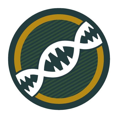 A round logo with a dark green background, gold inner circle with medium green stripes inside, and a white strand of DNA with sharp teeth in its helix in the middle.