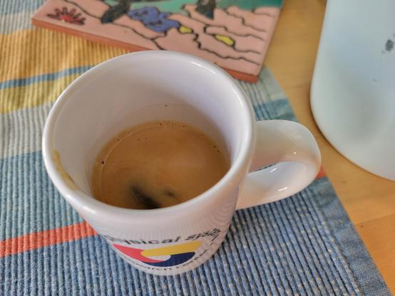 A white, 3 ounce, ceramic espresso (demitasse) cup with a shot of espresso, on a multi-colored (rust, light-green, red, light-gray, and blue), striped table runner. The blue text on the cup reads "Cyber-Physical Systems Research Center" and wraps in a circle around the logo, which looks like a loosely interlaced, rounded triquetra with thick knots in solid red, yellow, and blue (each its own color). Behind the cup is a partially-visible glazed-ceramic trivet with sea turtle art. To the right of the cup is a partially-visible, light-blue flower pot with an artificial desk plant.
