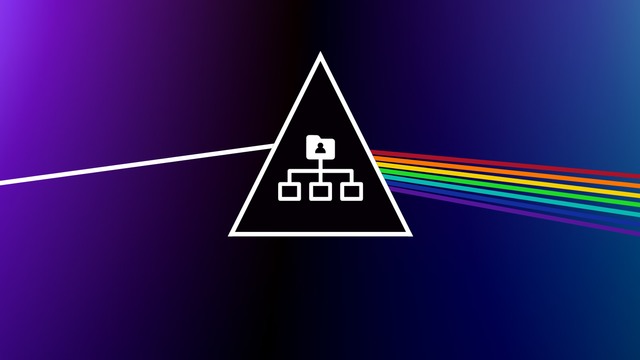 Un prisme représentant une arborescence par lequel passe un rayon de lumière blanche qui est diffracté en plusieurs couleurs