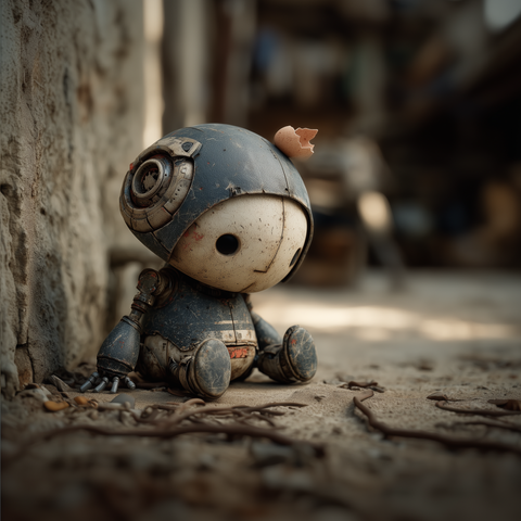 Midjourney Prompt: An exceptionally atmospheric and moody image of a small, black robot chick designed exactly like the cartoon character Calimero, complete with a miniature broken eggshell on its head. This robot is sleeping peacefully. The scene featurescinematic lighting**, with soft, dusty rays filtering through the air, creating a serene and quiet ambiance. There aredeep shadows** andsoft highlights**, emphasizing a sense of stillness and introspection. The environment is subtle, perhaps aforgotten corner** or adusty surface**, adding to the overall feeling of tranquility and a touch of melancholy. Focus on theprofound stillness** andquiet presence** of the sleeping robot. --raw --stylize 750 --v 7