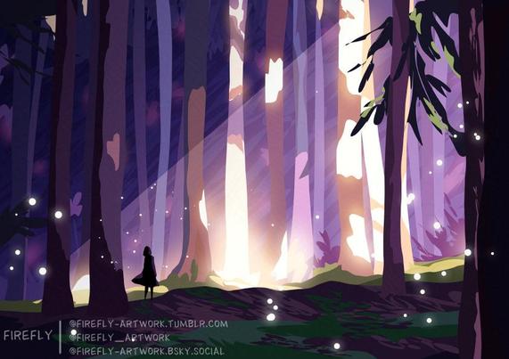 Dessin d'une forêt dans les ton violet et rose avec la lumière du soleil perçant à travers les arbres dans des tons jaune clair.