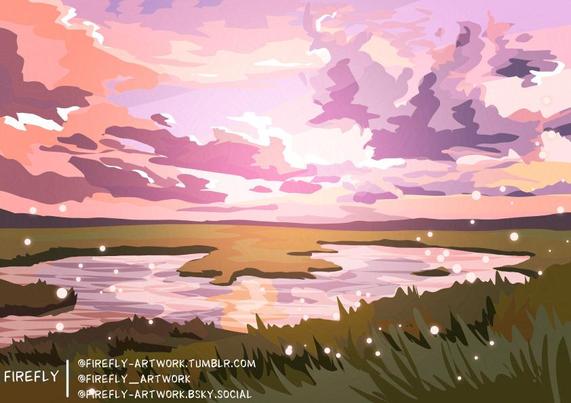 Dessin d'un étang sous un ciel rose et violet, le ciel se reflète sur l'eau