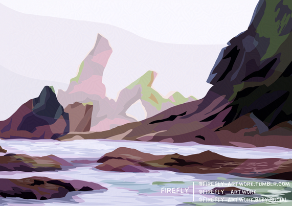 Dessin d'une côte maritime rocheuse. La pierre est dans des tons rose, violet et marron. Au loin les roches se perdent dans la brume