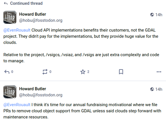 Howard Butler's toot about the costs to maintain code to access commerical cloud provider object storage vs the benefits they gain from it