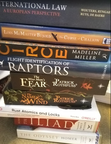A somewhat top-heavy tower of books in a random order: International Law, The Curse of the Chalion, Circe, The Wise Man's Fear, Rust Atomics and Locks, Educational Software Testing, The Iliad, The Odyssey