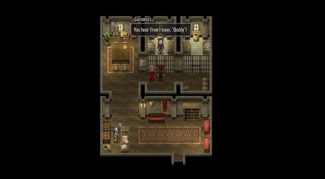 A top down view of a jail. On the bottom half is the entrance and a desk with a knight behind it. On the top right are two cells. One has a man with long, dark hair in it. Standing outside are the king and the hero. The villain, called Ganomort, says "You hear from I soon. "Daddy!"