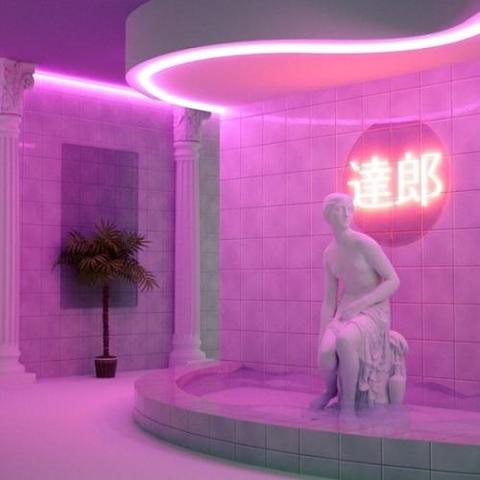 a  painting  of  a seated female statue, white colored, sitting in a light tiled room, some columns behind, a green potted plant in the background, behind the statue is a glowing neon sign in japanese, making  the whole scene glow pink color 