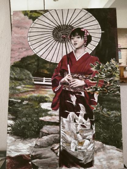 a painting of a woman standing on rocks over a stream, wearing a red kimono with an umbrella resting on her shoulder. there are flying cranes on from the hips down on her kimono, her hair is pinned up with flowers, she is looking up and to the right, pink and red flowers in her hair