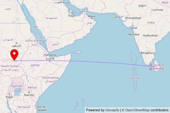 A map showing the great circle route from Kurunegala M.C. Limit in Sri Lanka to a map pin at Saint Charles Lwanga Church, Nyikango Road, Malakal, South Sudan