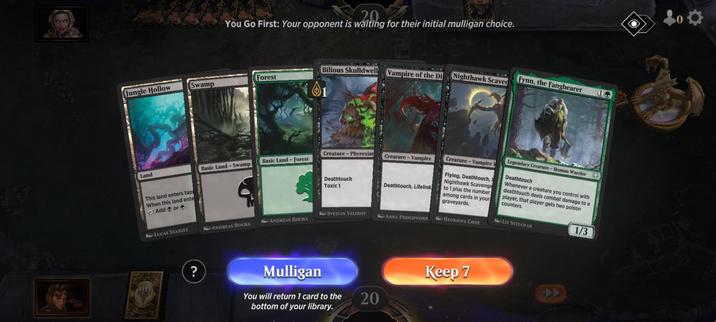 Opening hand to MtG Arena online collective card game. Hand contains three land card: Jungle Hollow, Swamp & Forest. There's also 4 creature cards Bilious Skull..., Vampire pf Dire ..., Nighthawk Scave..., and Fynn, the Fangb...
