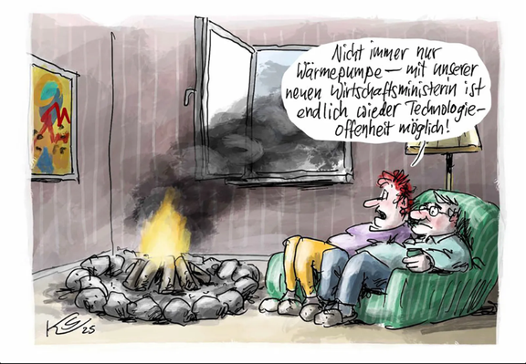 Cartoon mit zwei Menschen in ihrem Wohnzimmer und einem offenen Feuer bei geöffnetem Fenster: "endlich Technologieoffenheit"
