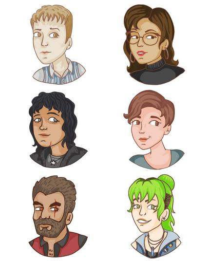 Six shoulders-up illustrated portraits.