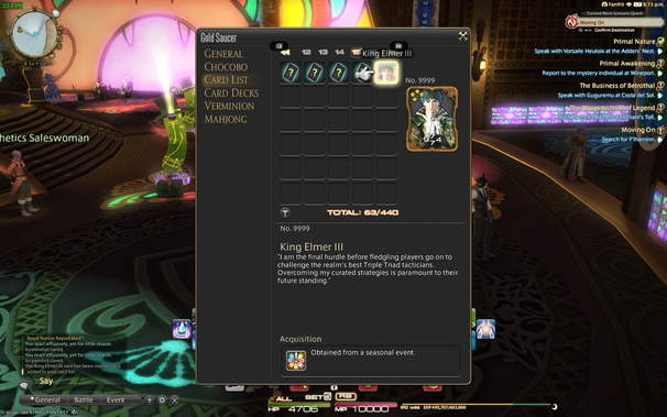 A screenshot from Final Fantasy XIV showing the in-game card list UI. The "Gold Saucer" menu is open, with options for General, Chocobo, Card List, Card Decks, Verminion, and Mahjong. The focused card is "King Elmer III," showing his portrait, stars and stats, with a description stating "Obtained from a seasonal event." The UI also shows a total of 63/440 cards collected. In the background, parts of the game world are visible with in-game characters on a decorated indoor floor. On the far right side of the screen is the quest log.