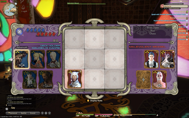 This is a screenshot of the Triple Triad mini-game in Final Fantasy XIV. The player, named "Behemoth" has "Maudelix Cadre" as their deck holder, and is playing against the opponent "Malevolent Weasel". The Triple Triad board is visible, with one card played in the bottom left corner. The player's hand is shown on the left, with several character cards . The opponent's hand is shown on the right with character cards and one hidden card. At the top of the screen, quest objective "Moving On" is active.