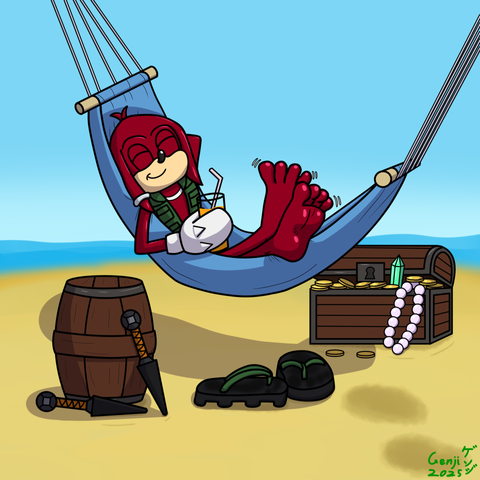 Knives the Echidna lounges in a hammock on the beach with a tropical drink in his hand after discovering a treasure chest on an adventure.