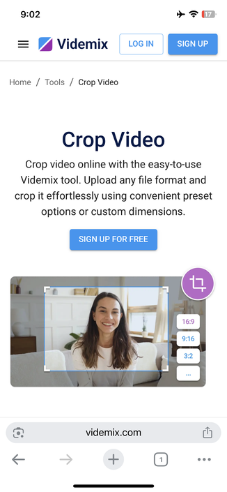 Screenshot of Videmix’s Crop Video tool interface in a web browser, showing a video being edited with cropping options and preset aspect ratios for YouTube, Shorts, and Instagram Reels.