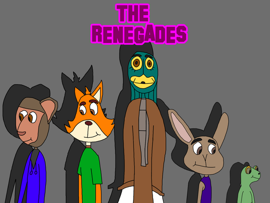 I finally finished a poster of the fictional rival band that was featured in my fanfic "The Renegades". The Renegades were competing and had rivalry against the Bremen Musicians, including the Troubadour himself. Here are the members and species from left to right.

Monkey, Fox, Heidi The Duck, Rabbit, Frog