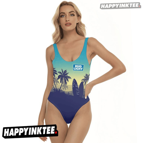 Bud Light Palm Tree Surfboard Summer One-Piece Swimsuit
