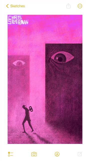 A blazing pink afternoon. A small figure wearing a hat walks between two large buildings. The figure has a clock key sticking out of its back; more disturbingly, both buildings have large eyes and are watching it intently. The painting is signed "Chris Silverman".