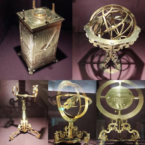 Montages photo d'instruments scientifiques du XVIe siècle exposés au Louvre dans le cadre de L'expérience de la nature.
On y voit des sphères armillaires, quadrants, compas, cadrans solaires et instruments de mesure en laiton finement gravé.
Avant les télescopes ou les horloges précises, les savants observaient à l’œil nu et utilisaient ces objets complexes pour situer les lieux et les astres, établir des cartes, et tenter de comprendre le monde.
Un art savant, entre géométrie, poésie et orfèvrerie