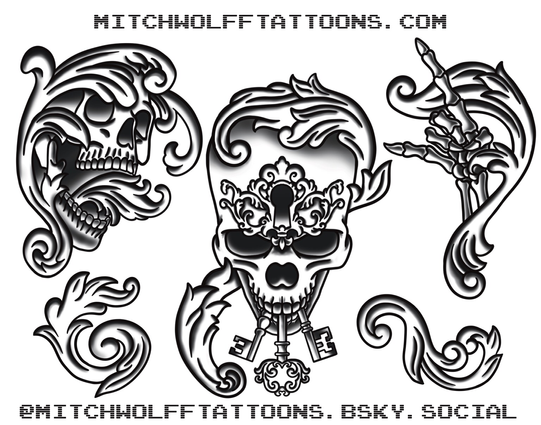 Black and gray bones and filigree flash by Mitch Wolff Tattoons